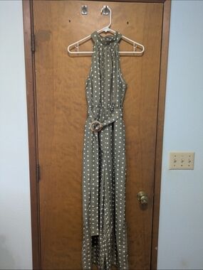 1960s Inspired Sleeveless Olive Green Polka Dot Maxi Jumpsuit with Belt